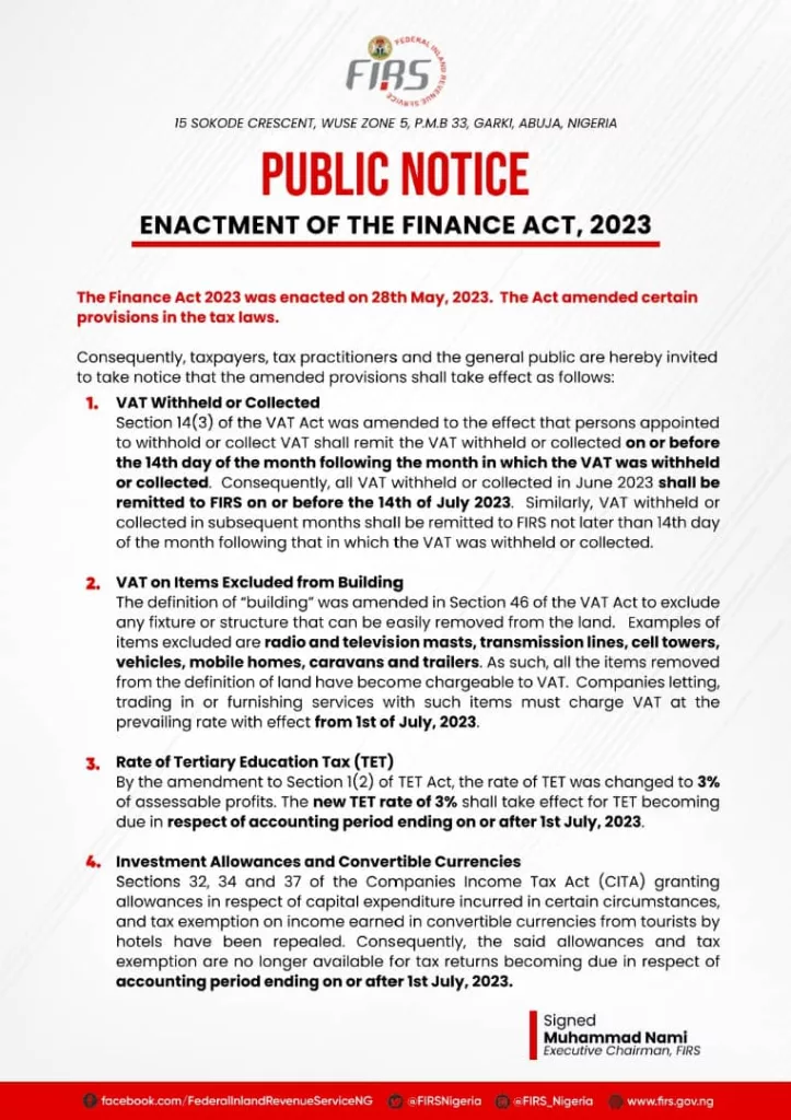 PUBLIC NOTICE ON ENACTMENT OF FINANCE ACT